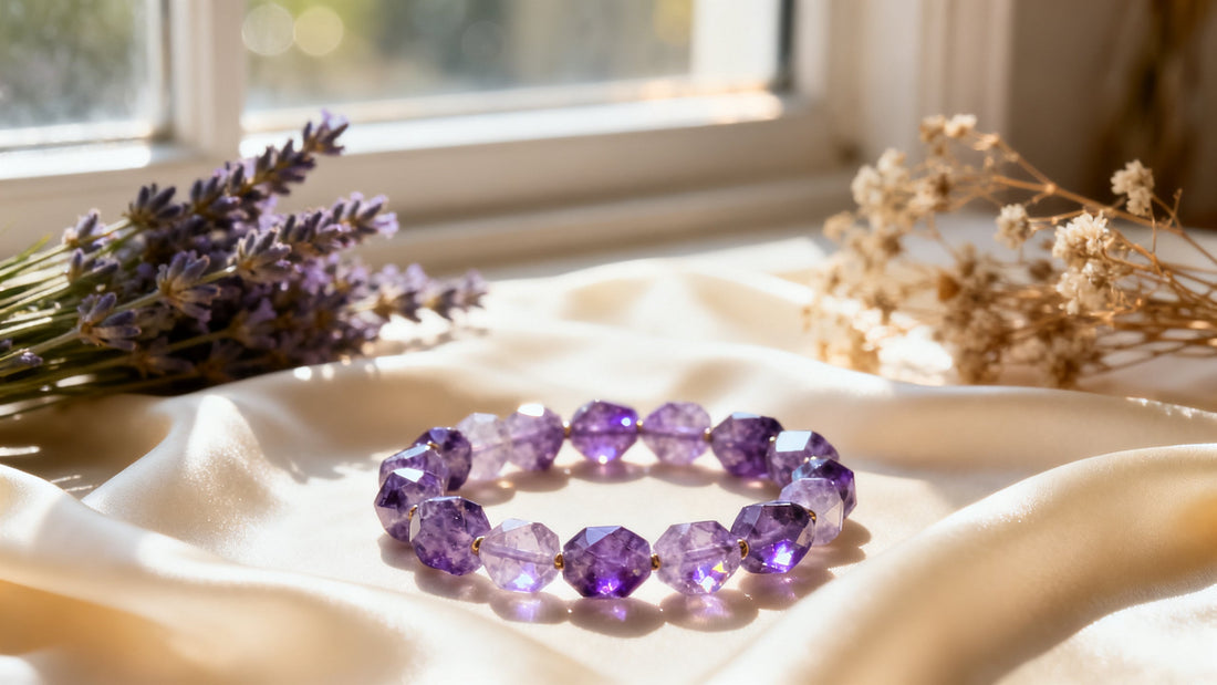 amethyst bracelet benefits featured image - purple crystal healing bracelet on cream silk fabric