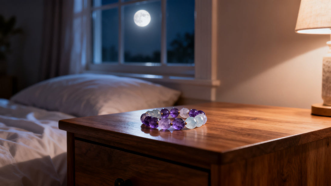 best crystal bracelet for sleep amethyst moonstone on nightstand moonlight