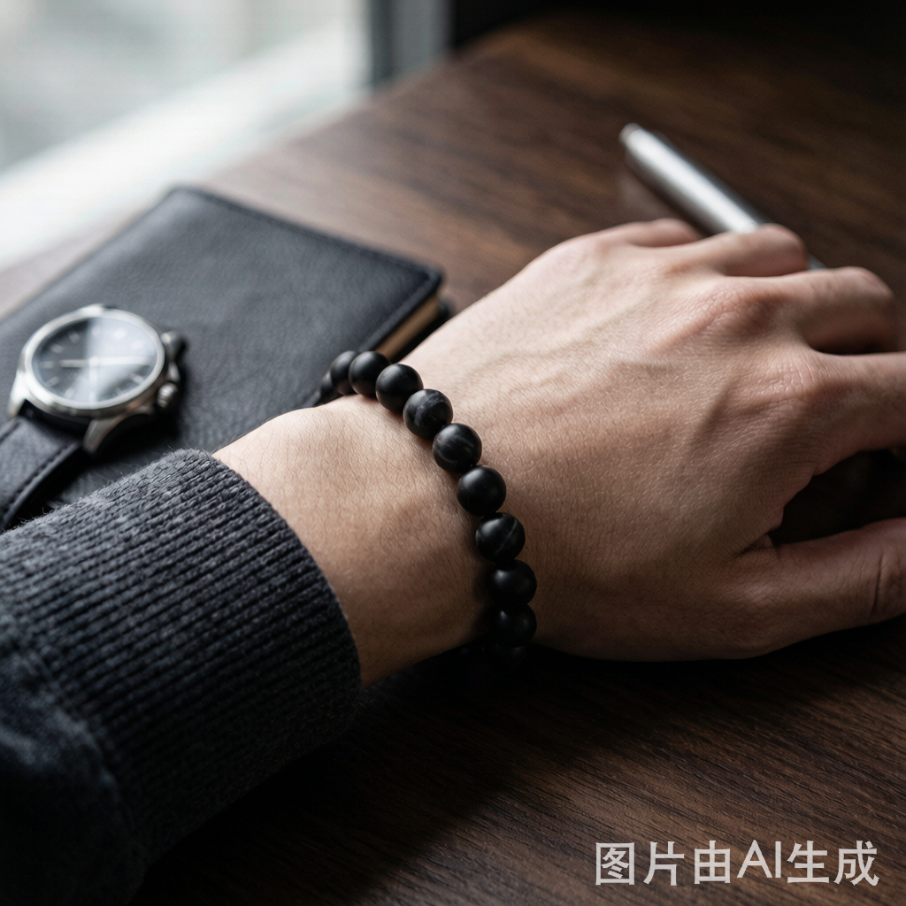 Man's wrist with matte black onyx crystal bracelet, minimalist masculine style