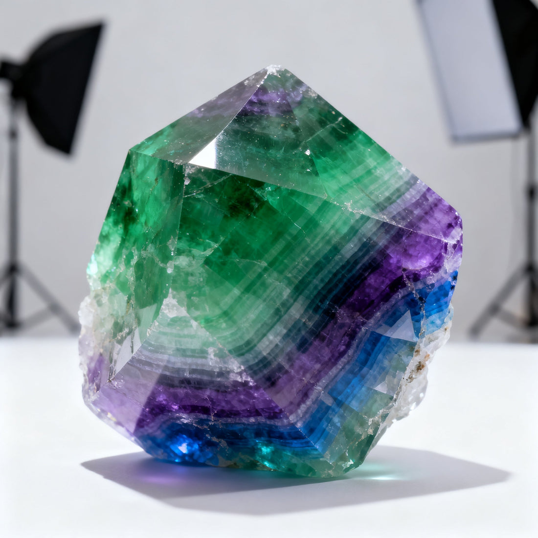 Multicolor rainbow fluorite cube showing natural banding in daylight