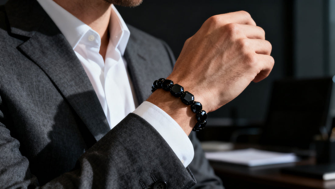 Man in business suit wearing black onyx crystal bracelet