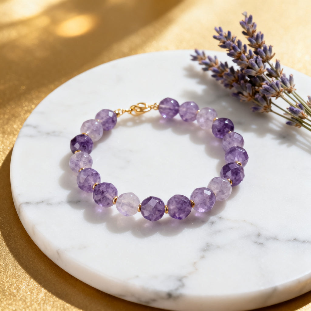 Lavender Amethyst Bracelet Flat Lay with Flowers