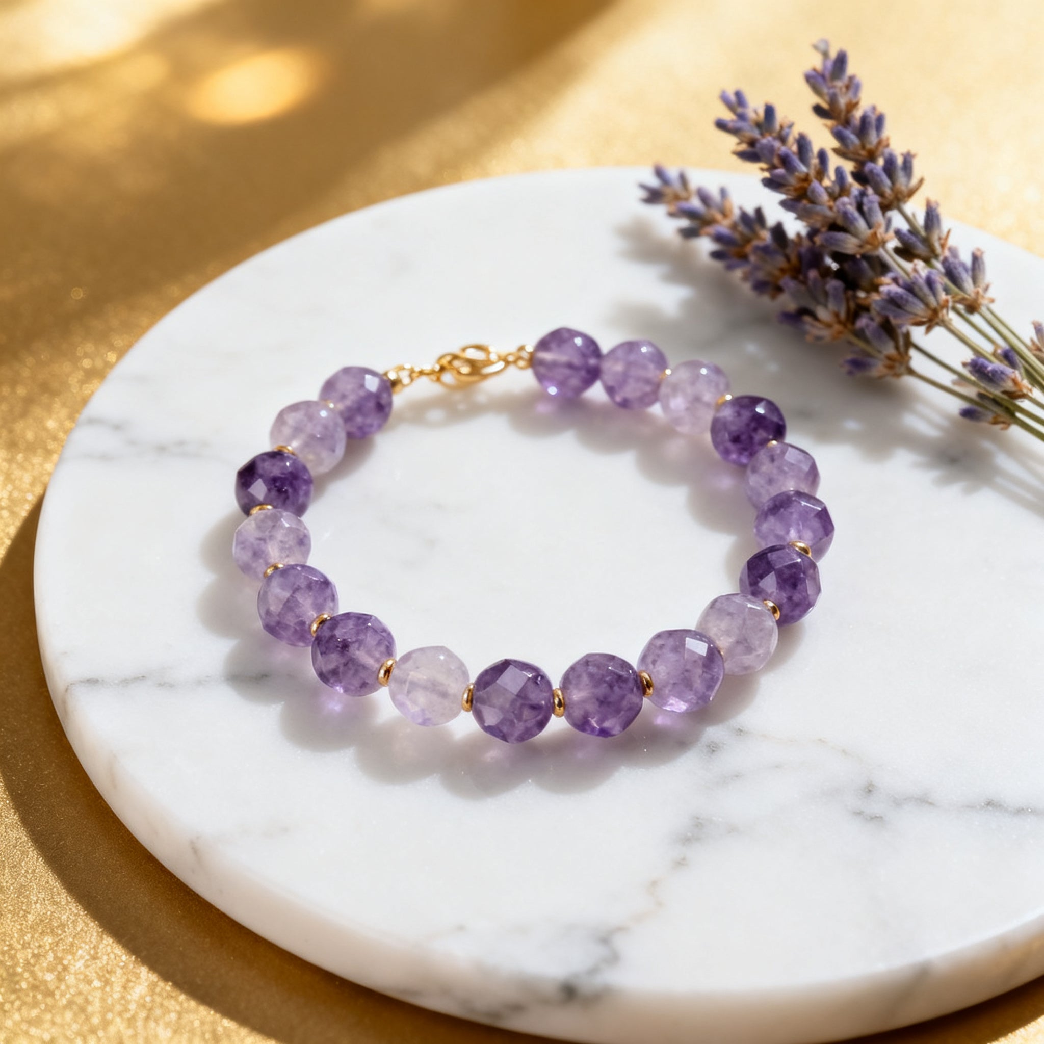 Lavender Amethyst Bracelet Flat Lay with Flowers