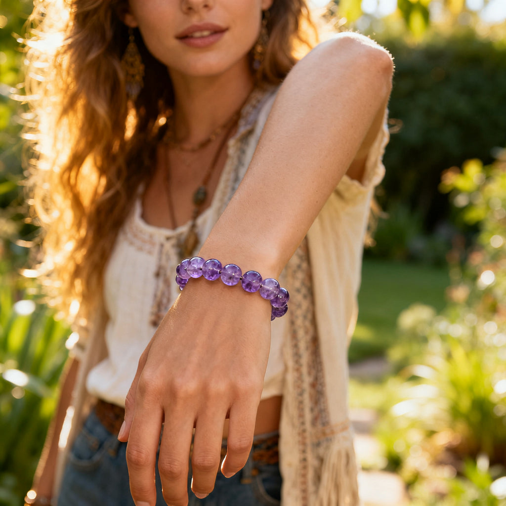 Model Wearing Lavender Amethyst Bracelet Outdoor