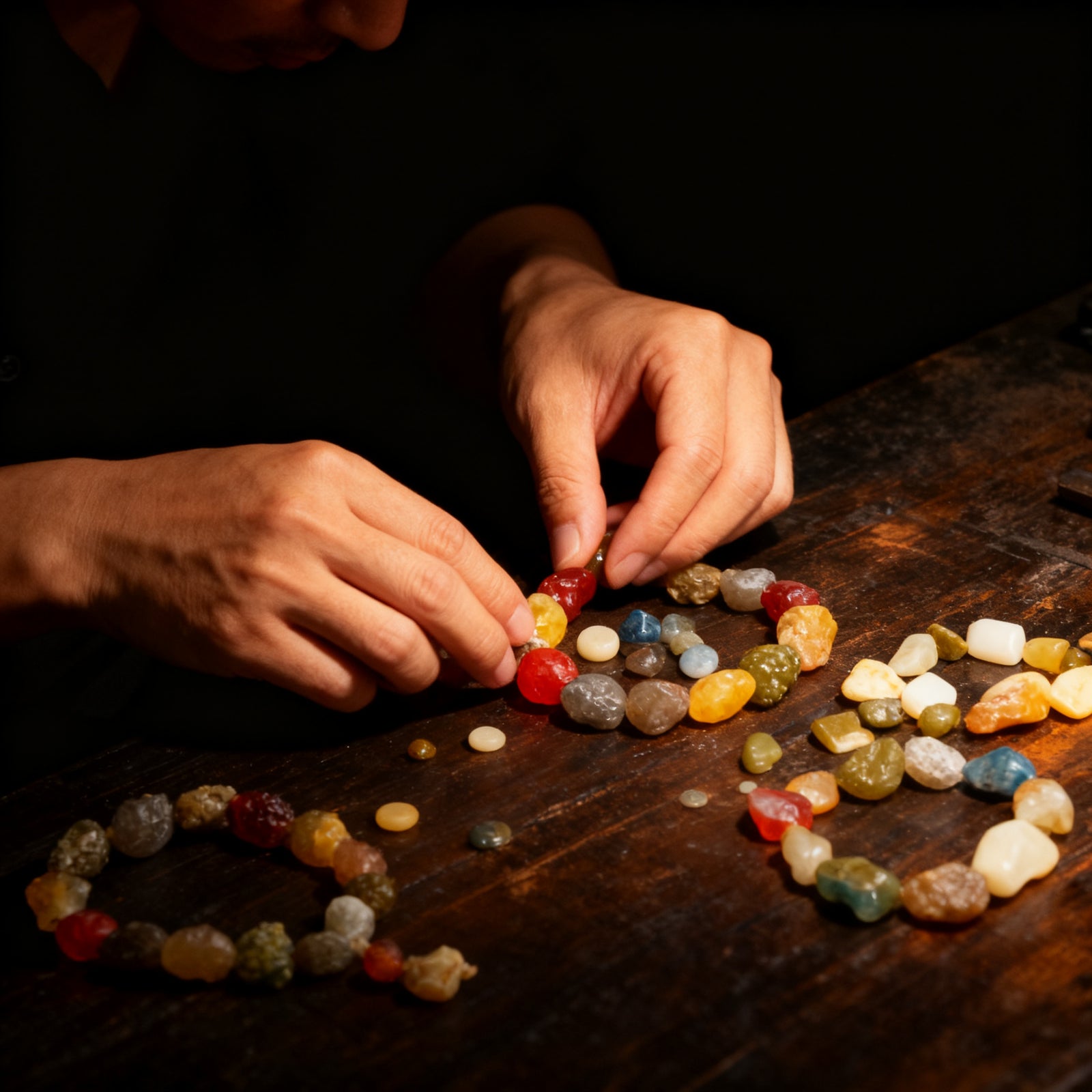 Artisan hands selecting and arranging natural agate raw beads on a dark wood workshop table