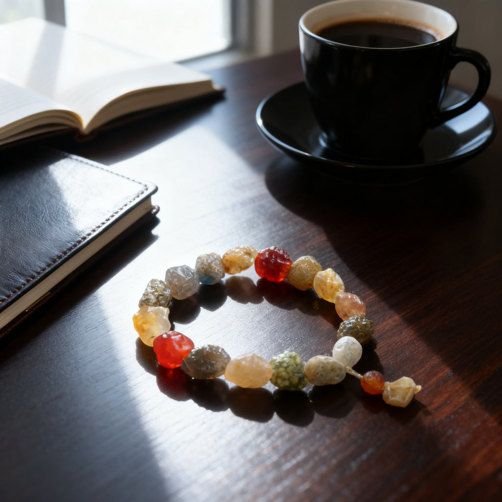 Natural agate bracelet on a dark wood desk next to a black coffee cup and notebook