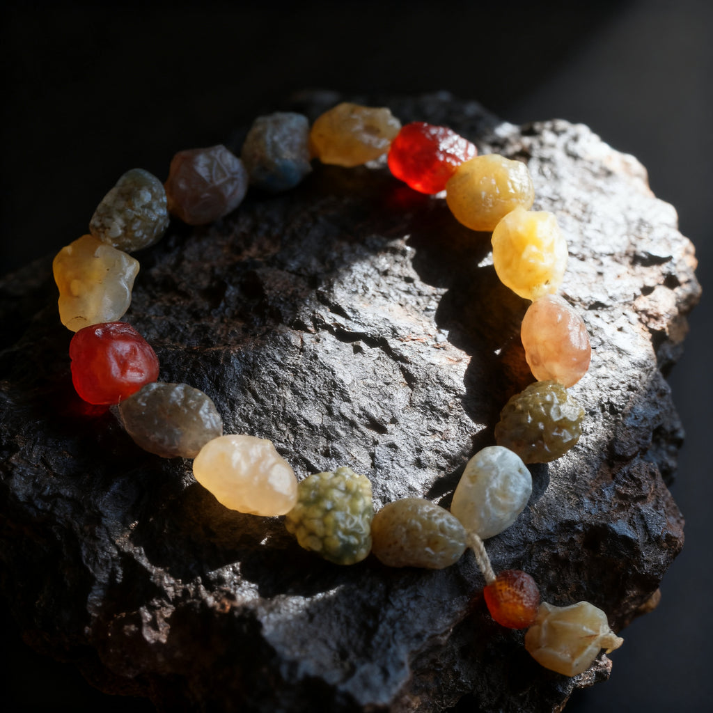 Natural Alxa agate raw stone bracelet resting on dark Gobi desert rock
