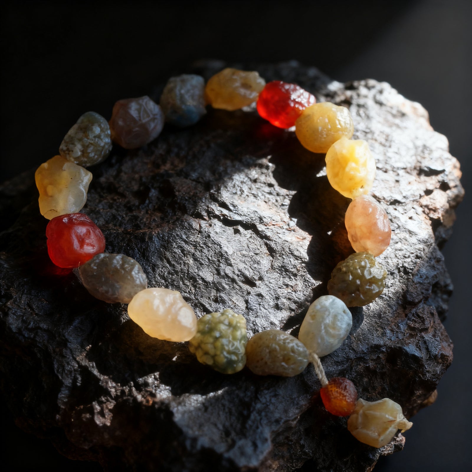 Natural Alxa agate raw stone bracelet resting on dark Gobi desert rock