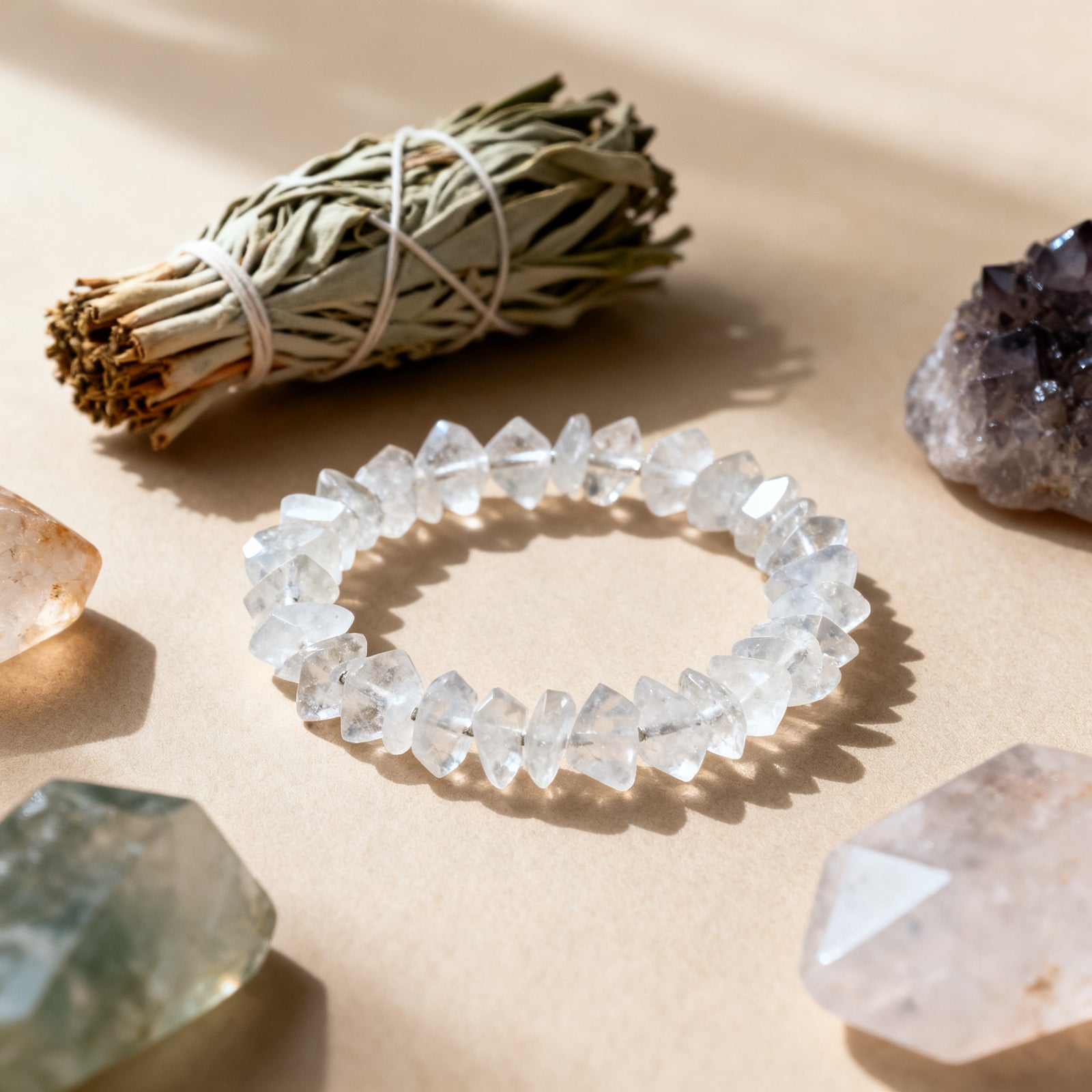 Clear Quartz Chip Bracelet flat lay - With sage bundle and crystals, spiritual zen aesthetic, clean composition