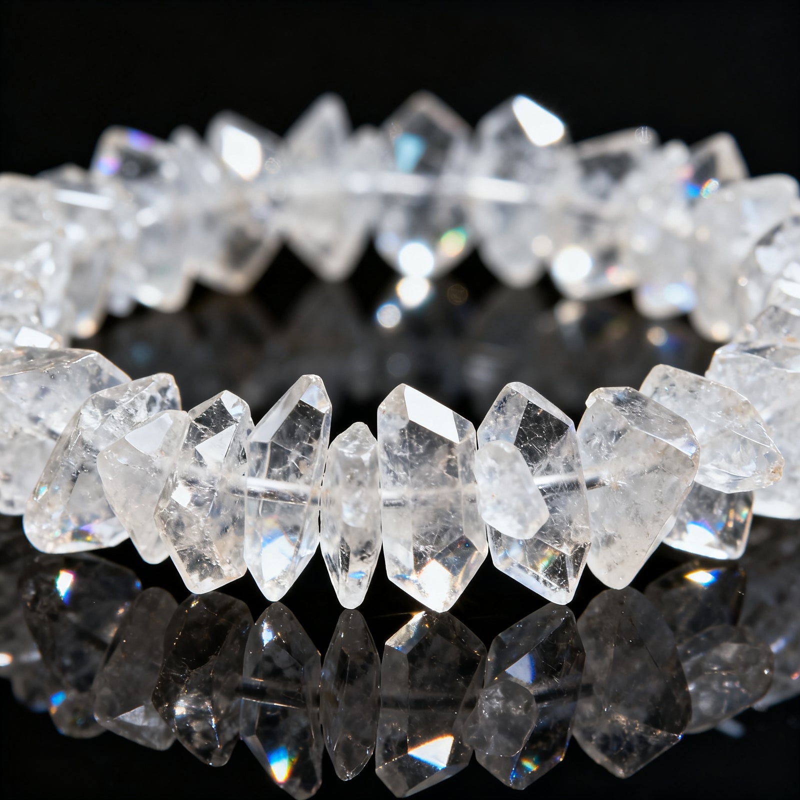 Clear Quartz Chip Bracelet close-up detail - Natural clear quartz chips showing clarity and light refraction, macro shot