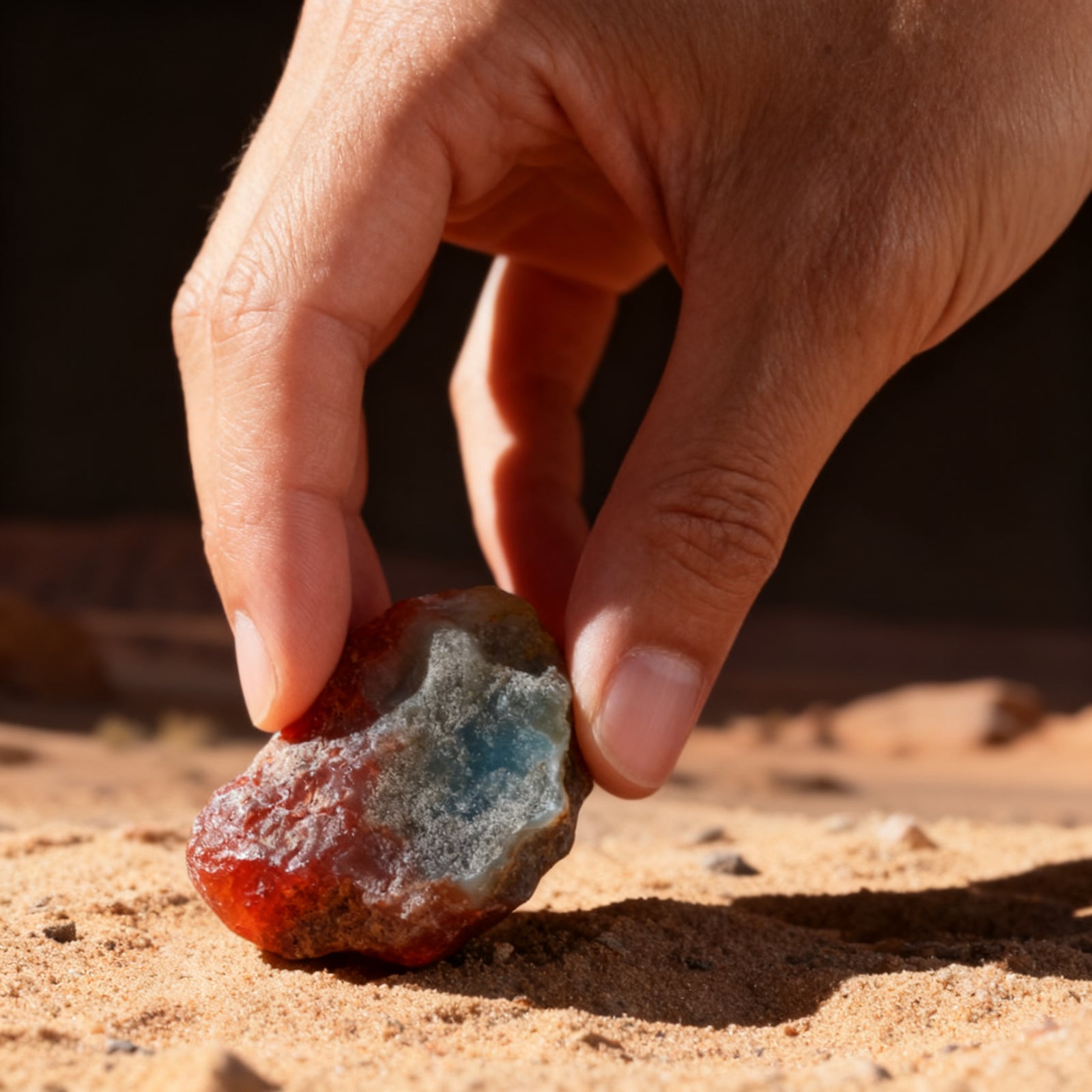 A hand picking up a single natural agate raw stone from the Gobi desert floor