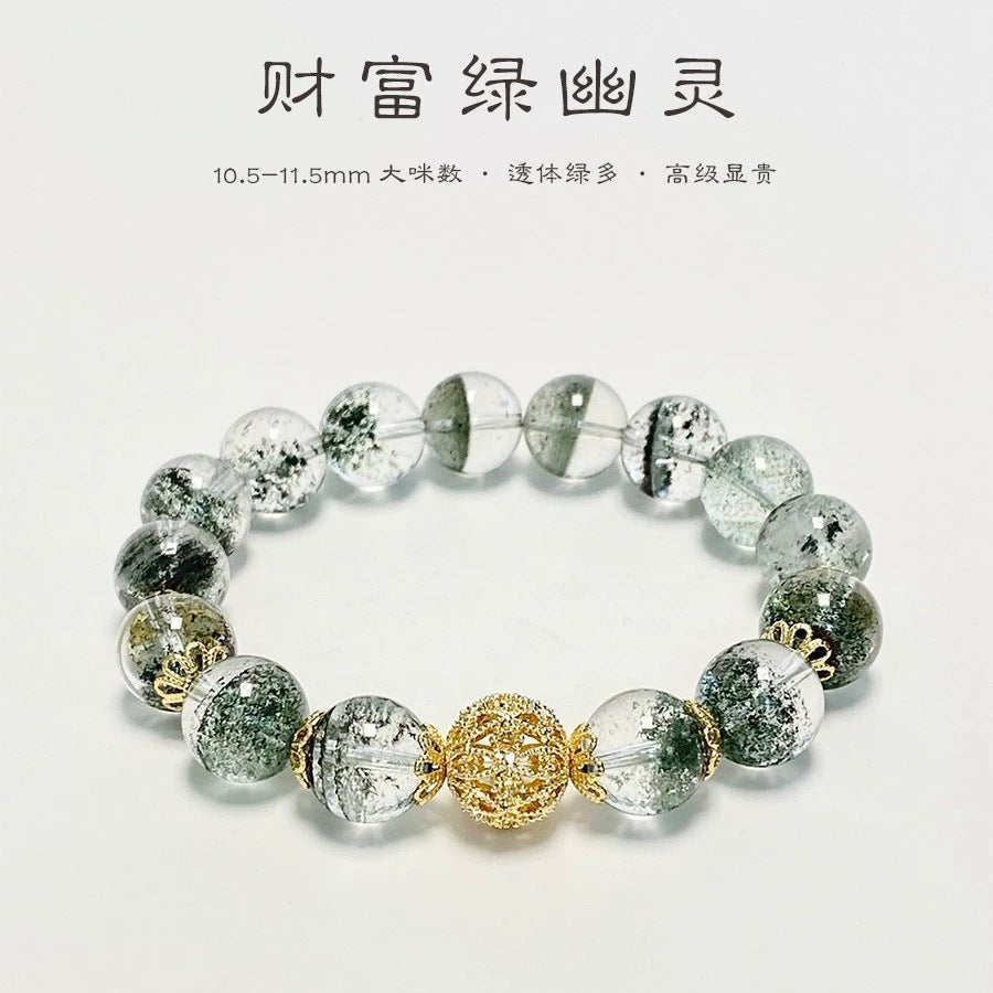 Pulsera de cuarzo fantasma verde – Cuentas de cristal para la prosperidad natural