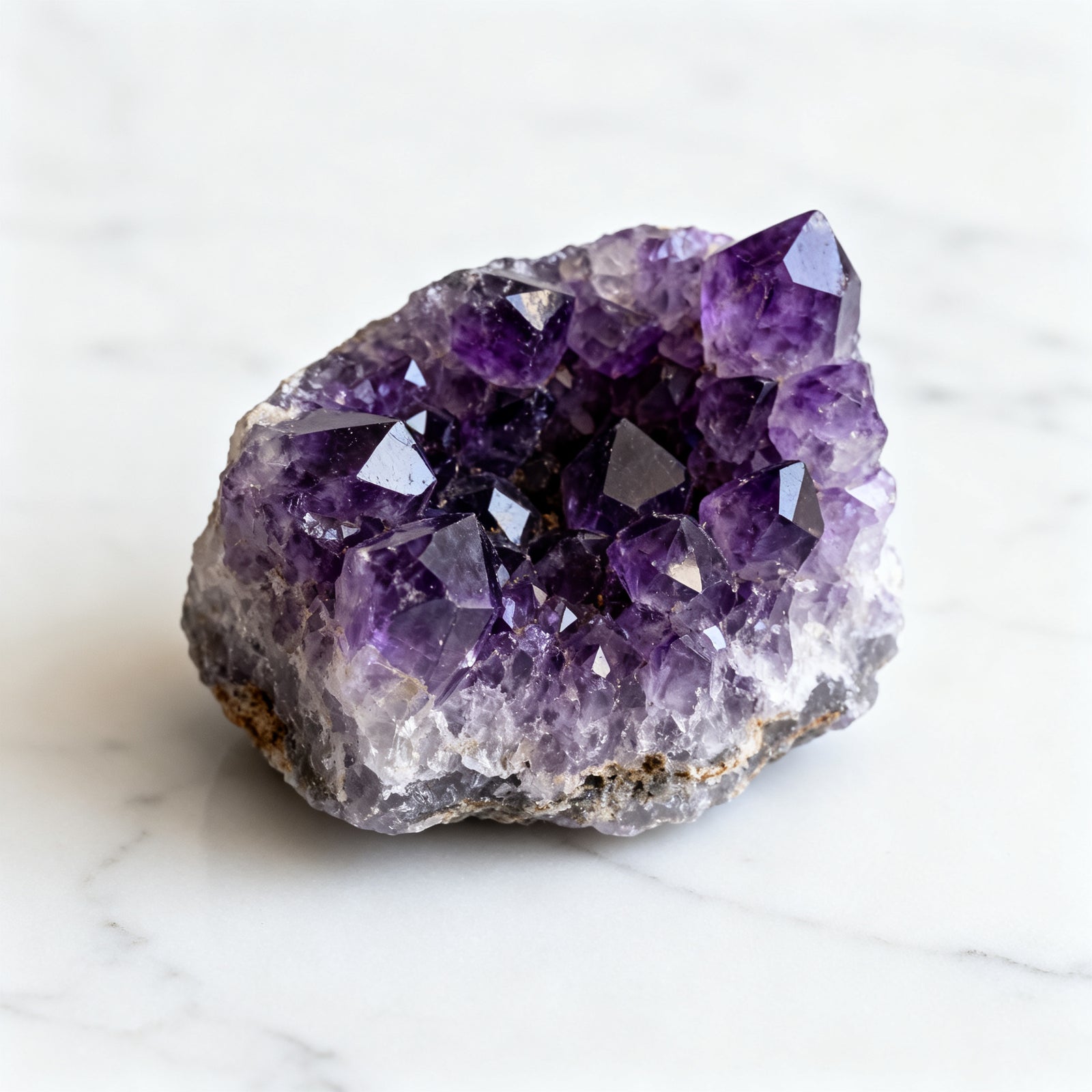 Amethyst cluster from Brazil displayed on neutral surface