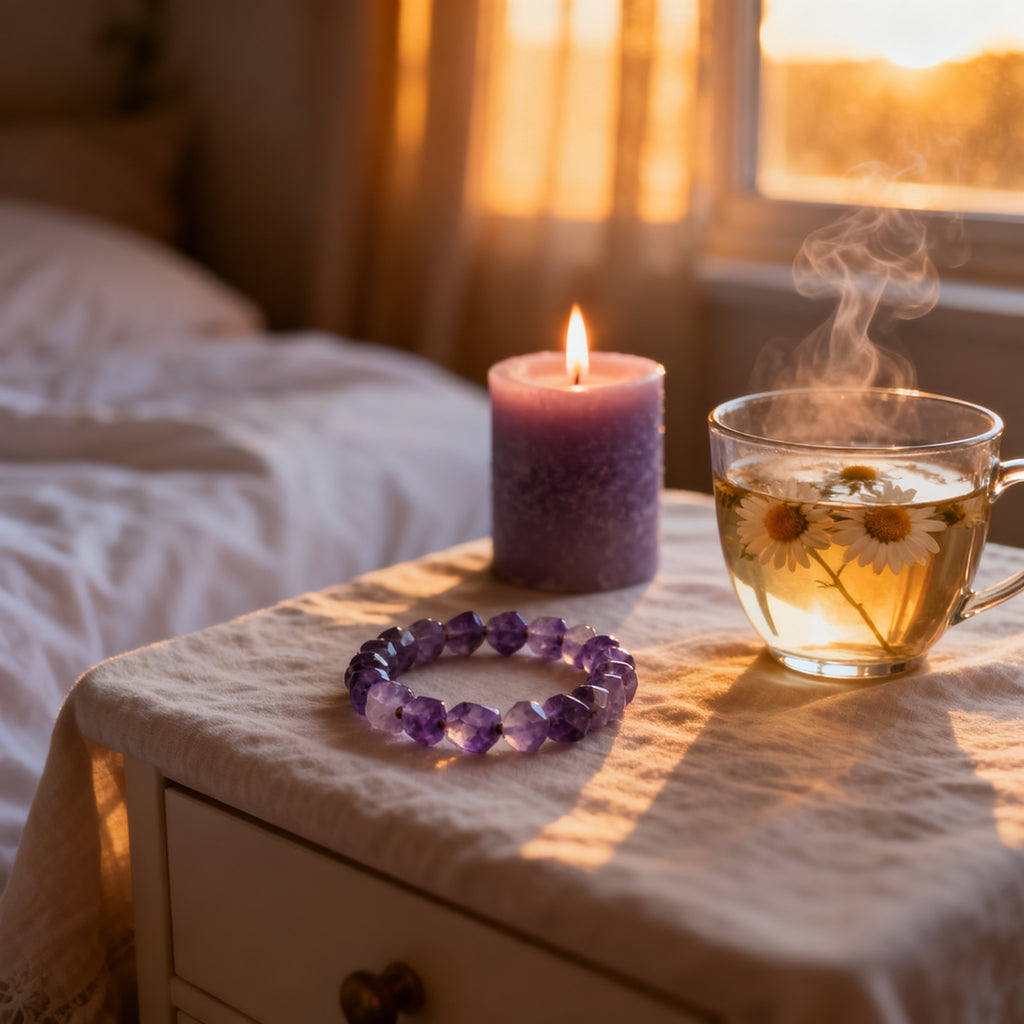 Amethyst bracelet lifestyle scene - bedtime relaxation with lavender candle