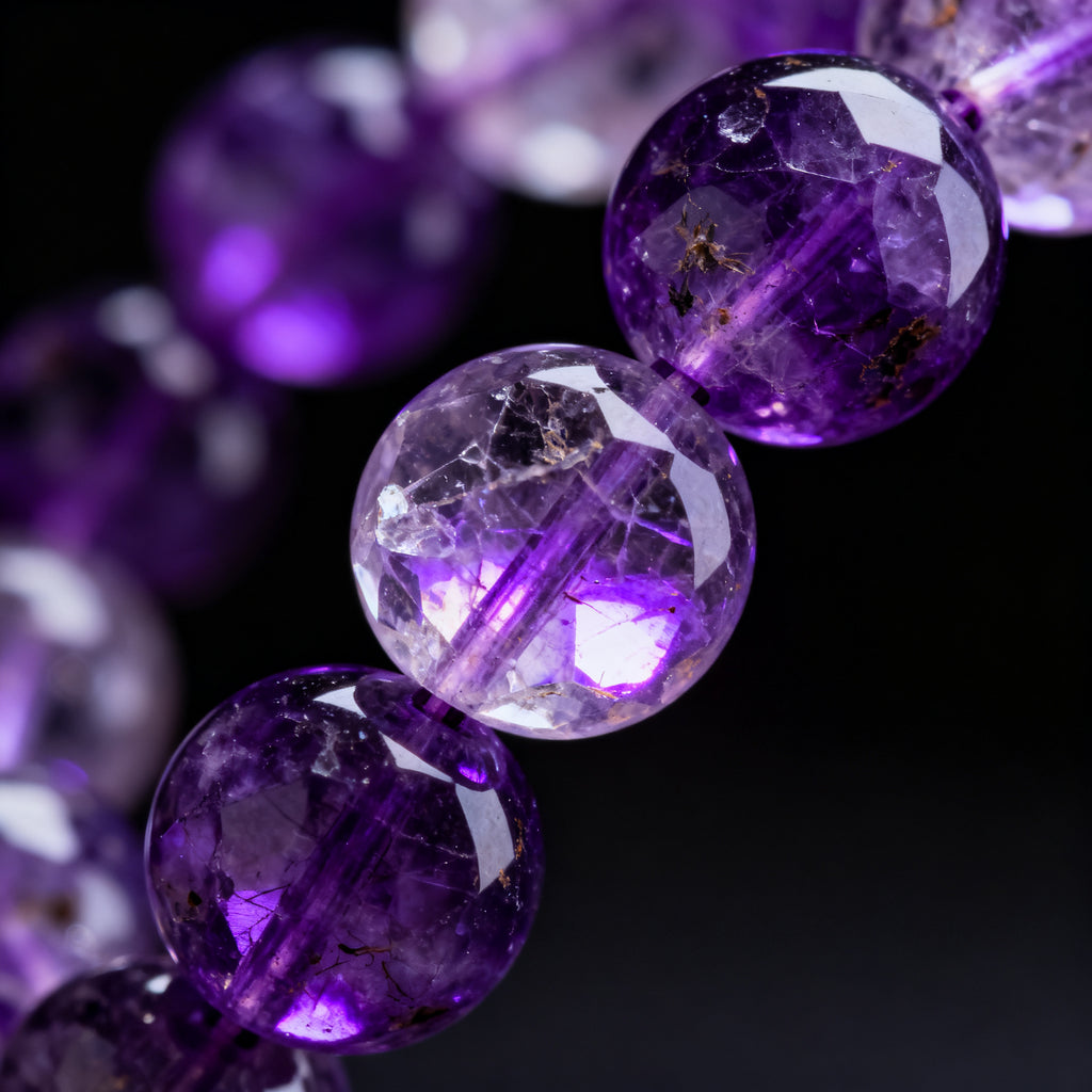 Closeup detail of deep purple Amethyst crystal beads - natural texture