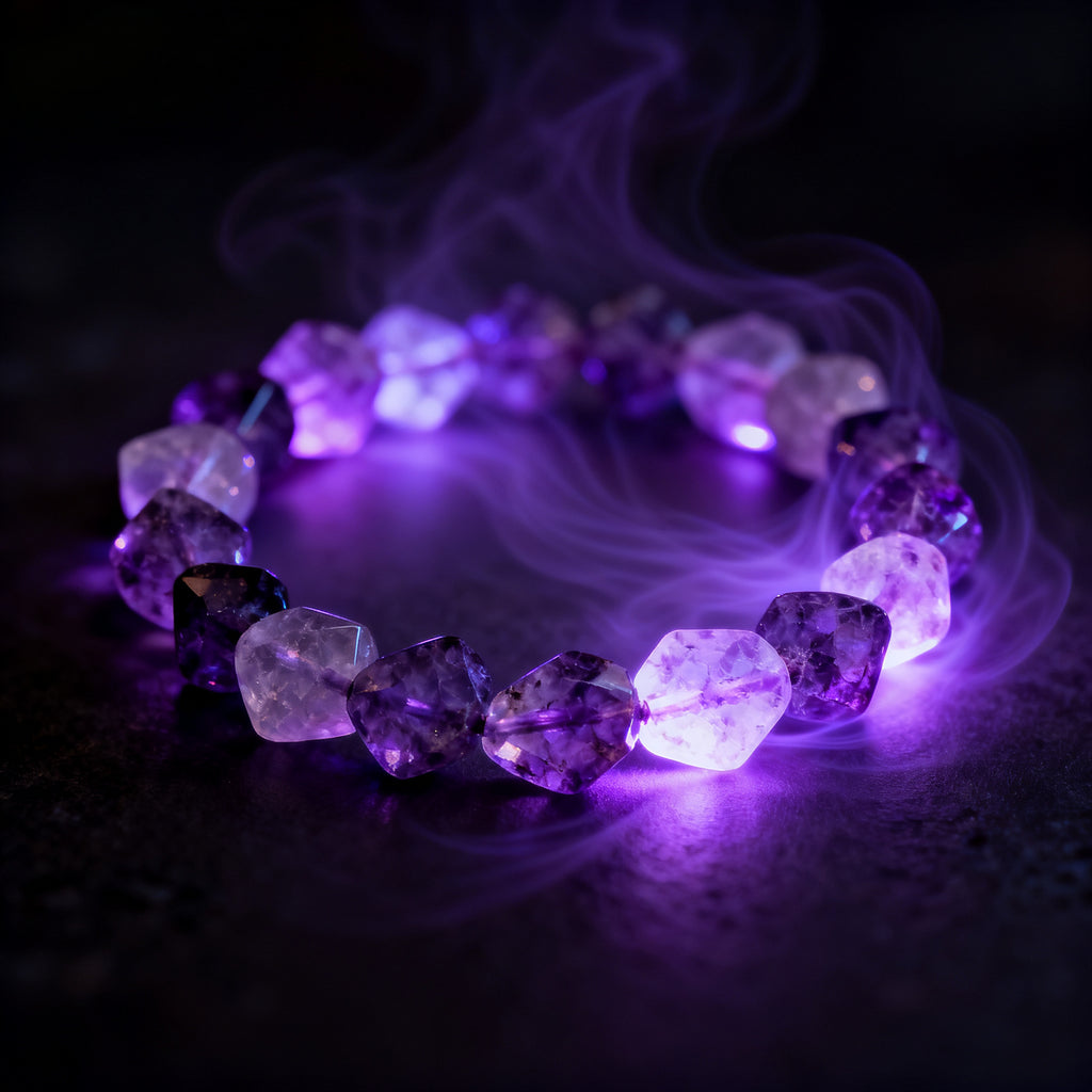Amethyst crystal bracelet glowing with purple healing energy - spiritual concept