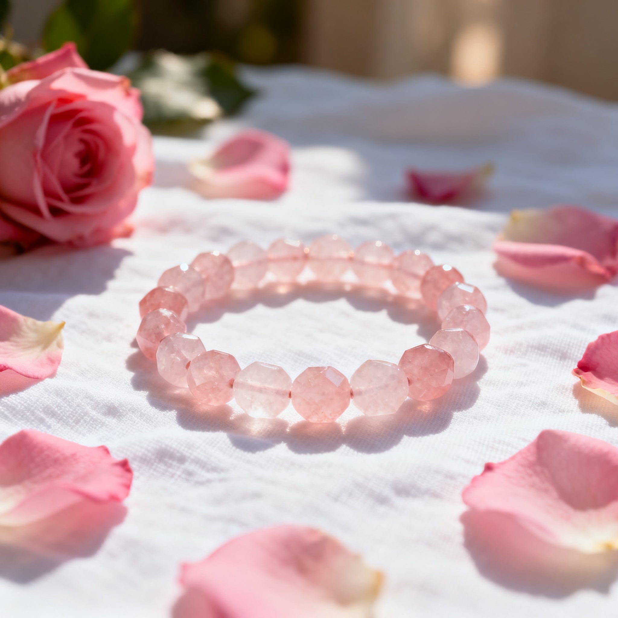 Rose Quartz bracelet with fresh rose petals - romantic lifestyle scene