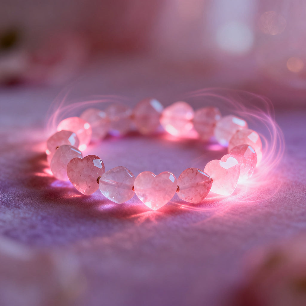 Rose Quartz crystal bracelet glowing with pink healing love energy