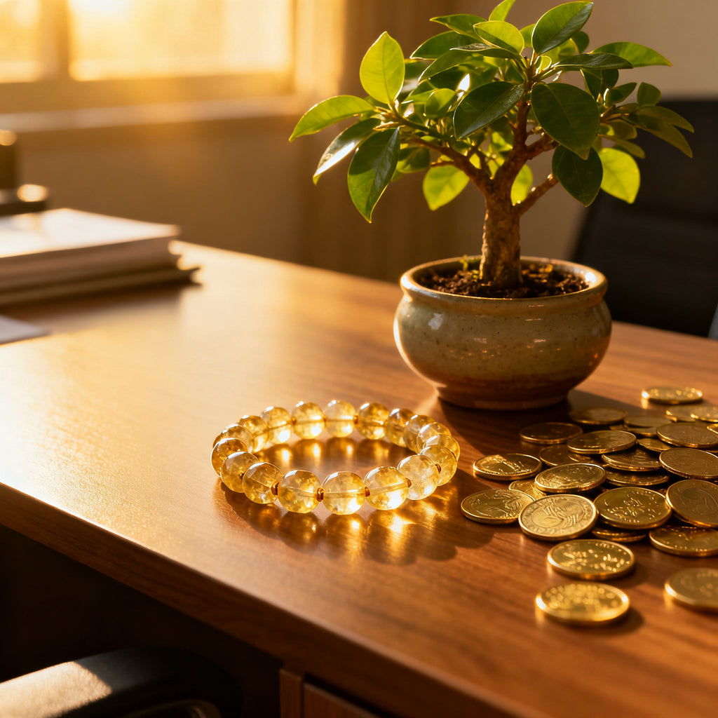 Citrine bracelet on desk with gold coins - prosperity lifestyle scene