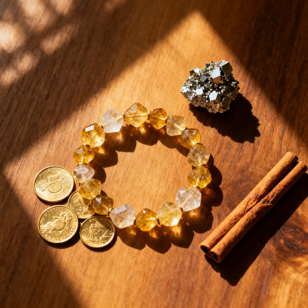 Citrine bracelet flat lay with gold coins and pyrite - abundance composition