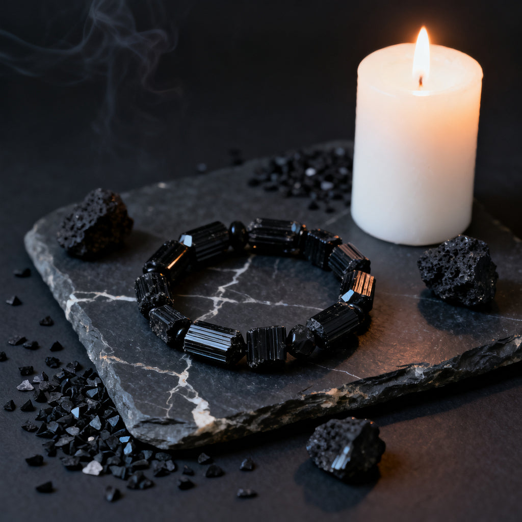 Black Tourmaline bracelet protection scene - grounding energy concept